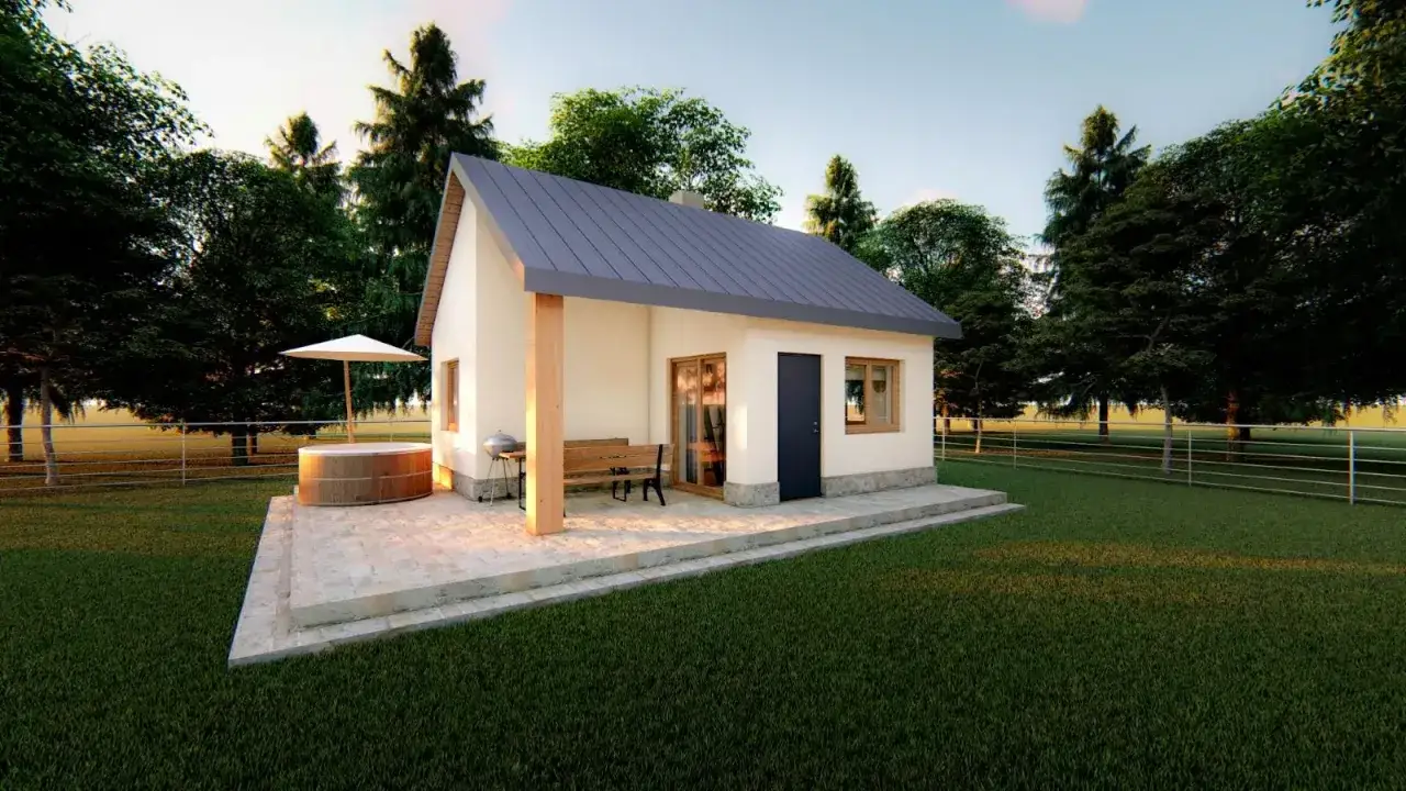 Mały domek z werandą, beczką do kąpieli i grillem. Zastanawiasz się, ile kosztuje dobudowa domu 30m2?