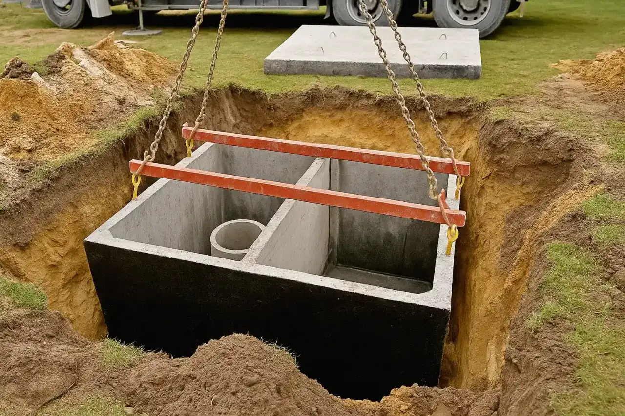 Betonowe szambo jest opuszczane do wykopu. Dowiedz się, ile kosztuje montaż szamba.