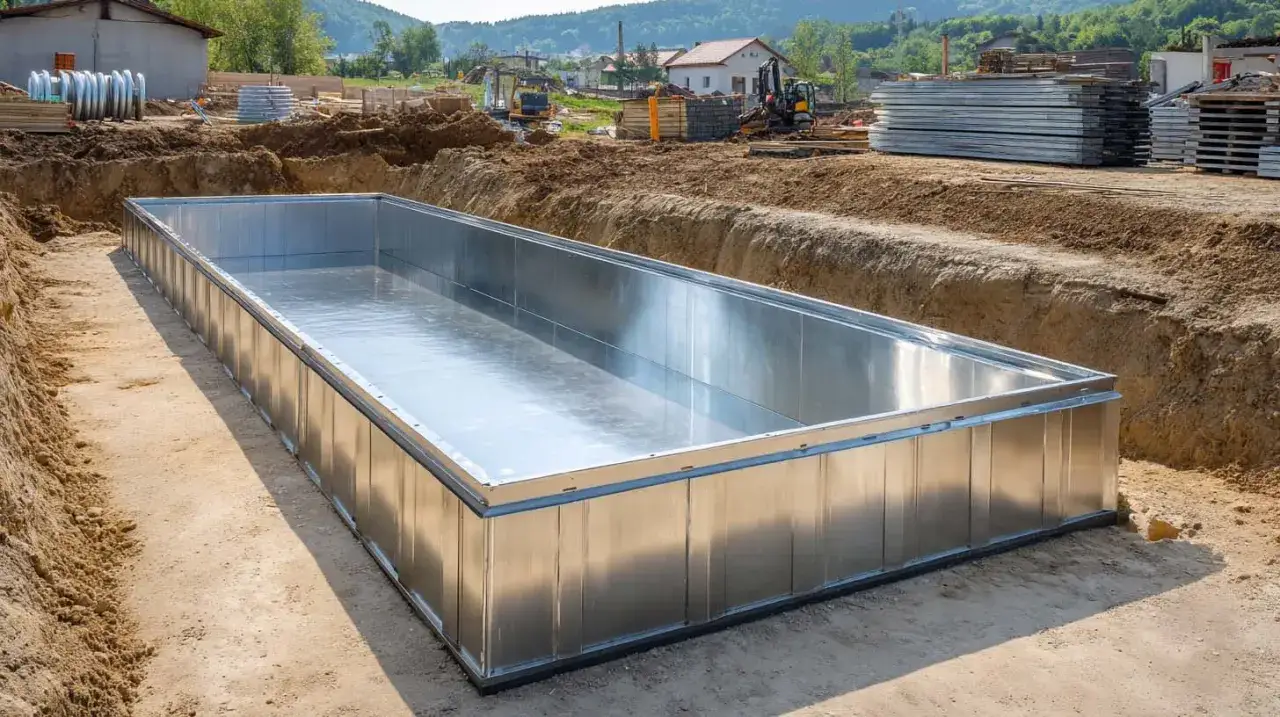 Budowa basenu w ziemi: metalowa niecka w wykopie, plac budowy z maszynami i materiałami.
