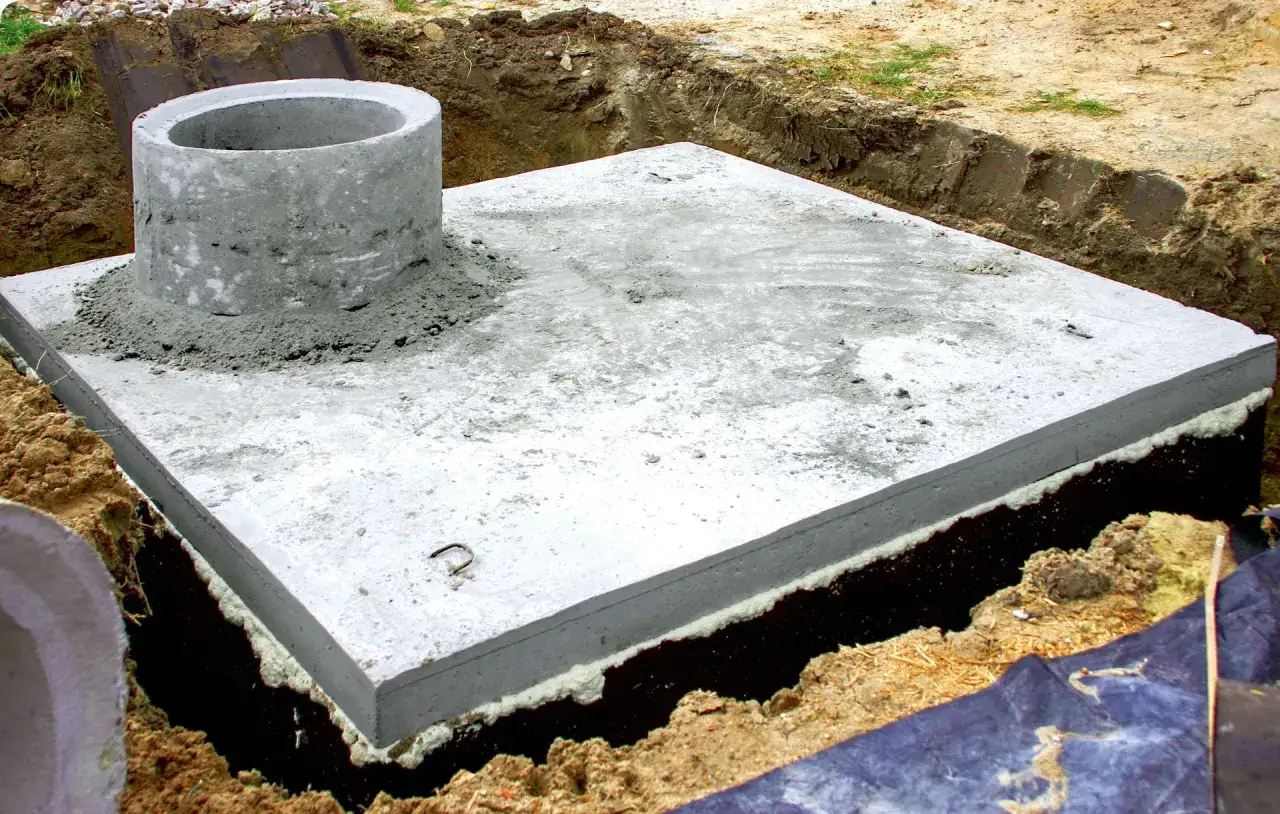 Betonowa płyta fundamentowa z kominem szamba, gotowa do montażu. Zastanawiasz się, ile kosztuje montaż szamba?