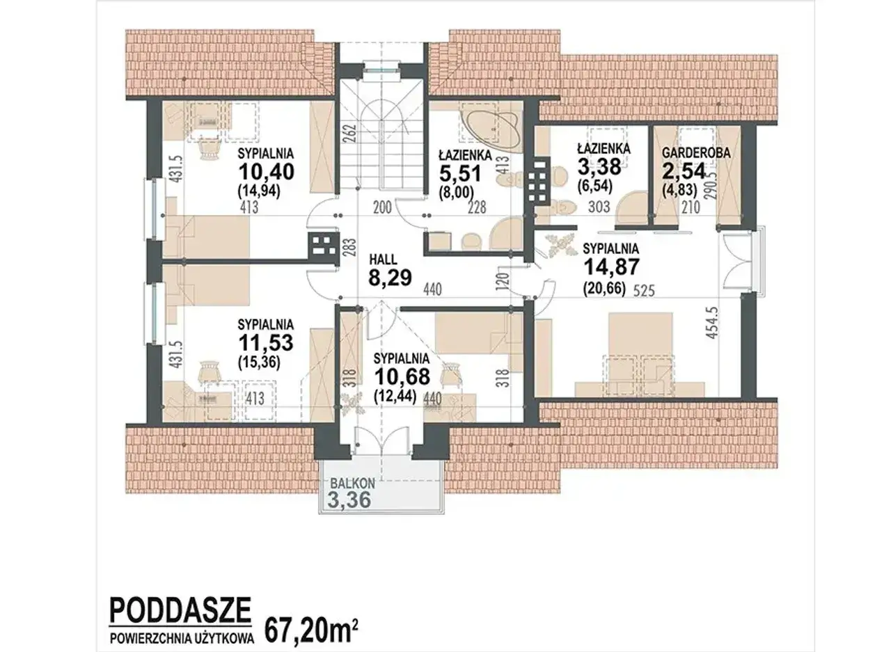 Rzut poddasza domu Karmelita Gold 2m: cztery sypialnie, dwie łazienki, garderoba, hall i balkon. Powierzchnia użytkowa 67,20m².