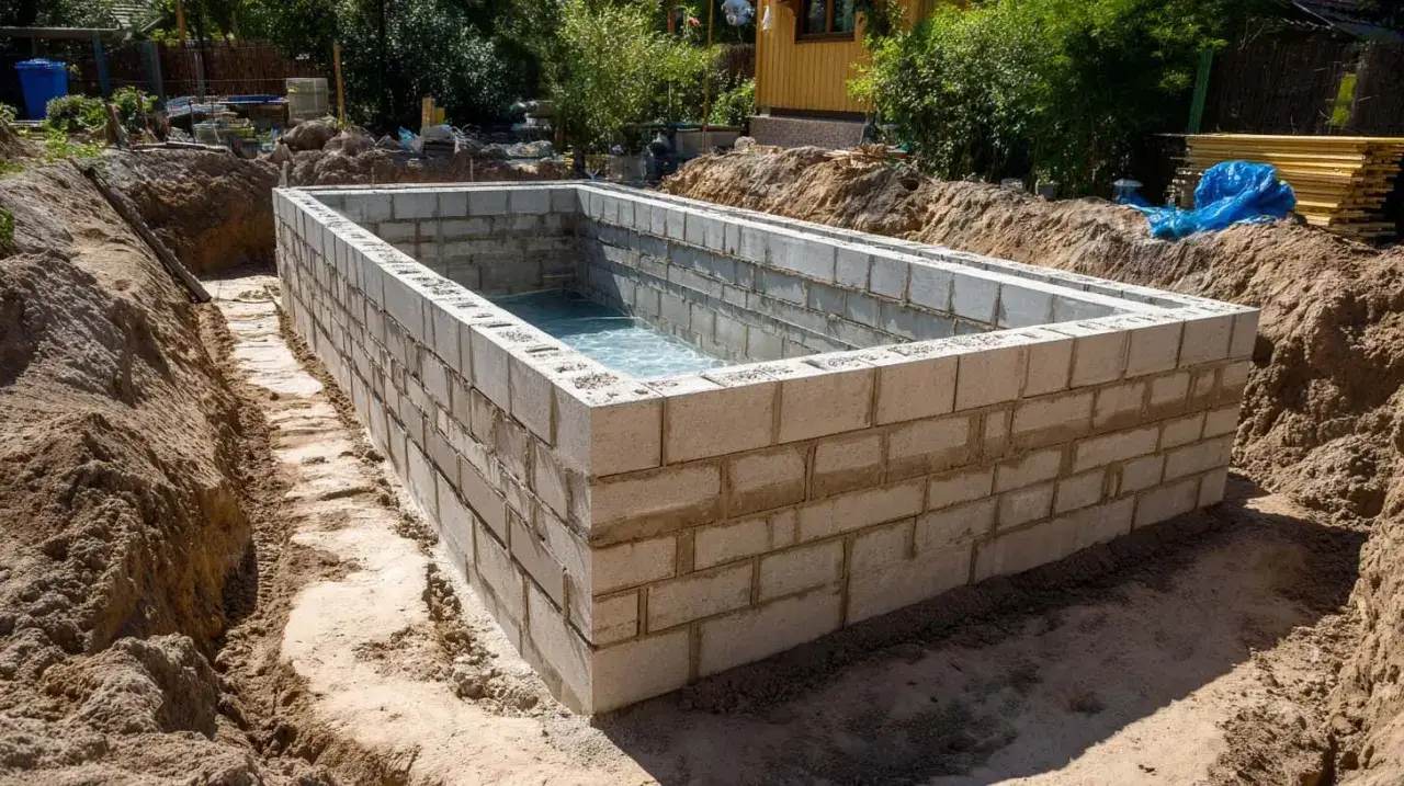 Budowa basenu w ziemi: betonowe ściany w wykopie, częściowo wypełnione wodą. Rozpoczęcie prac budowlanych, które pozwolą odpowiedzieć na pytanie, ile kosztuje budowa basenu w ziemi.